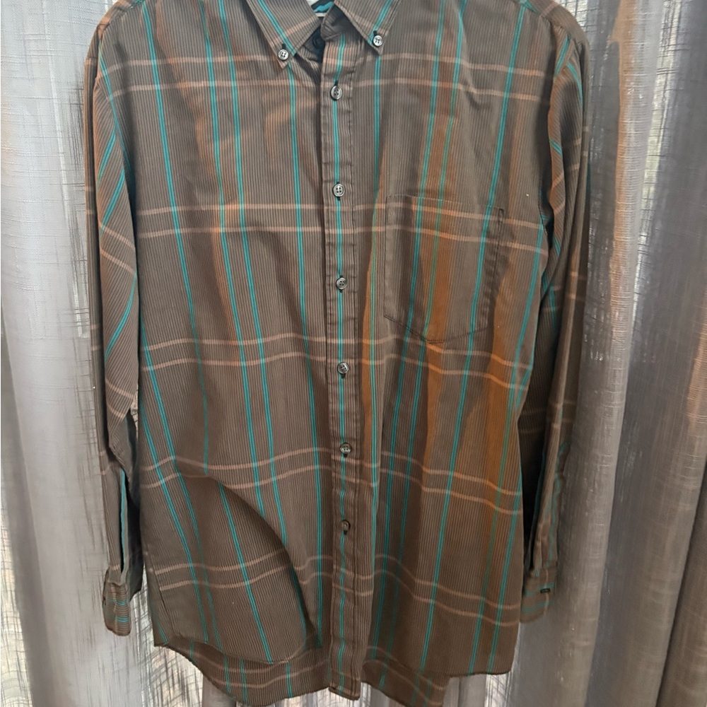 Men's Brown Plaid Shirt teal blue vintage retro electric Avenue size M